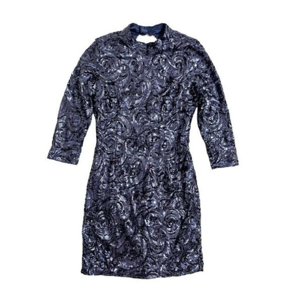 A Drea Blue Mid Sleeve Sequin Party Mini 3/4 Sleeves Above The Knee Dress size M
